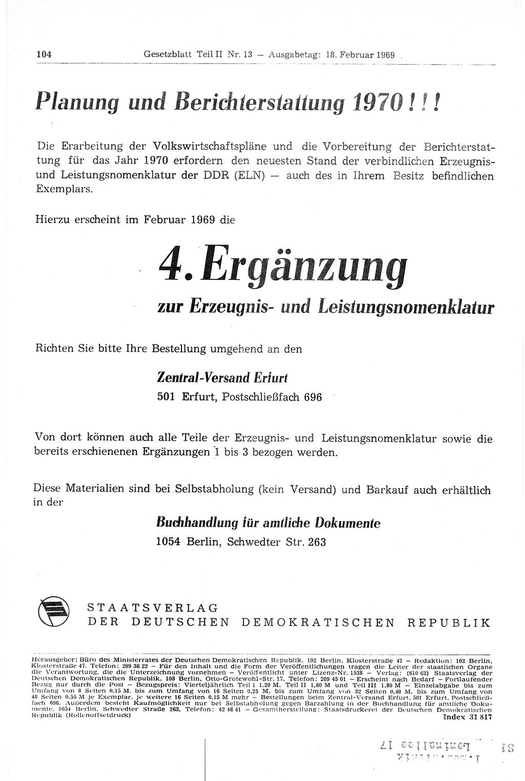Gesetzblatt (GBl.) der Deutschen Demokratischen Republik (DDR) Teil ⅠⅠ 1969, Seite 104 (GBl. DDR ⅠⅠ 1969, S. 104)