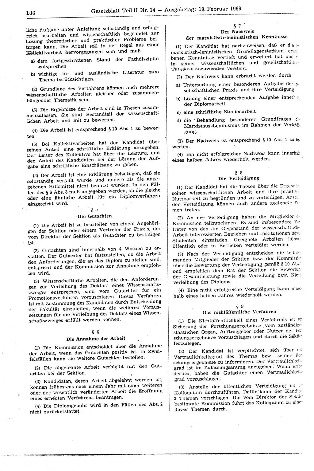 Gesetzblatt (GBl.) der Deutschen Demokratischen Republik (DDR) Teil ⅠⅠ 1969, Seite 106 (GBl. DDR ⅠⅠ 1969, S. 106)