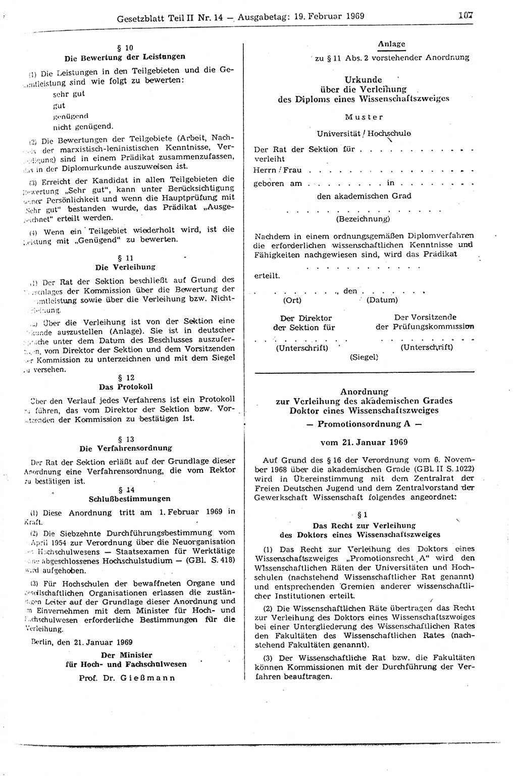 Gesetzblatt (GBl.) der Deutschen Demokratischen Republik (DDR) Teil ⅠⅠ 1969, Seite 107 (GBl. DDR ⅠⅠ 1969, S. 107)