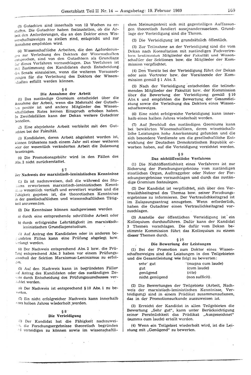Gesetzblatt (GBl.) der Deutschen Demokratischen Republik (DDR) Teil ⅠⅠ 1969, Seite 109 (GBl. DDR ⅠⅠ 1969, S. 109)