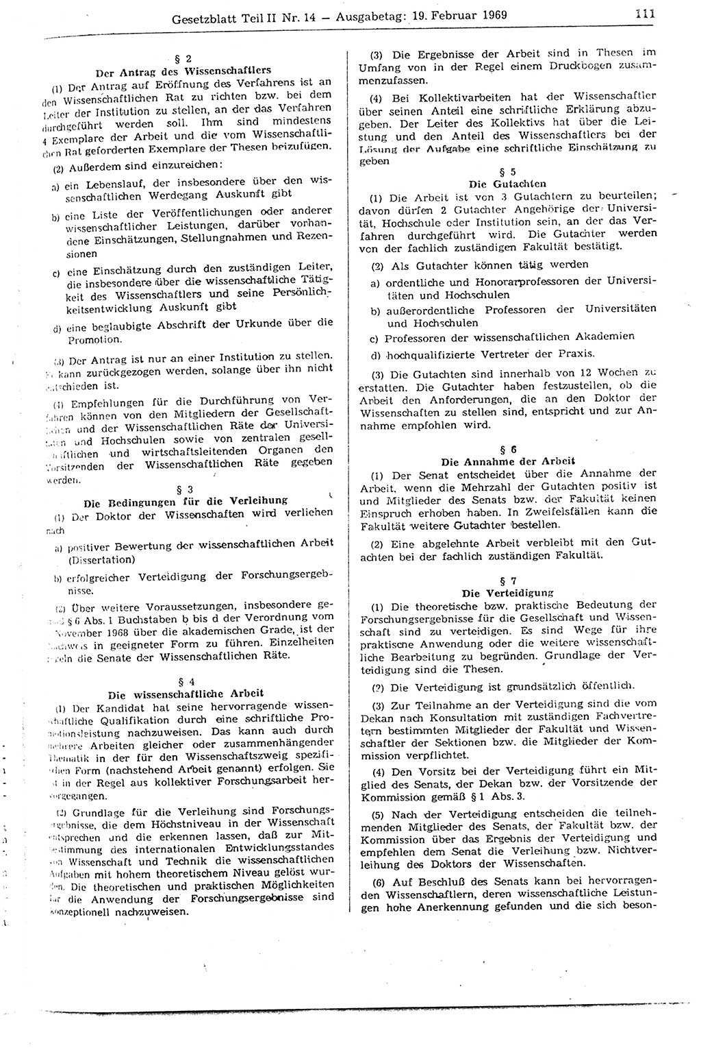 Gesetzblatt (GBl.) der Deutschen Demokratischen Republik (DDR) Teil ⅠⅠ 1969, Seite 111 (GBl. DDR ⅠⅠ 1969, S. 111)