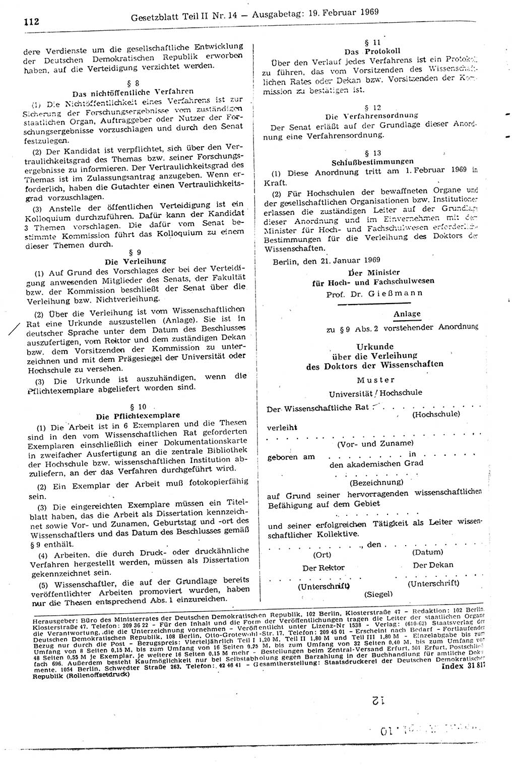 Gesetzblatt (GBl.) der Deutschen Demokratischen Republik (DDR) Teil ⅠⅠ 1969, Seite 112 (GBl. DDR ⅠⅠ 1969, S. 112)