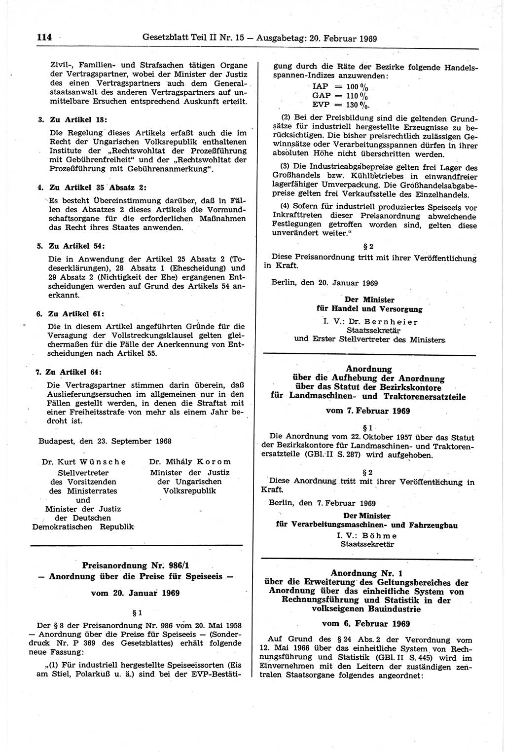 Gesetzblatt (GBl.) der Deutschen Demokratischen Republik (DDR) Teil ⅠⅠ 1969, Seite 114 (GBl. DDR ⅠⅠ 1969, S. 114)