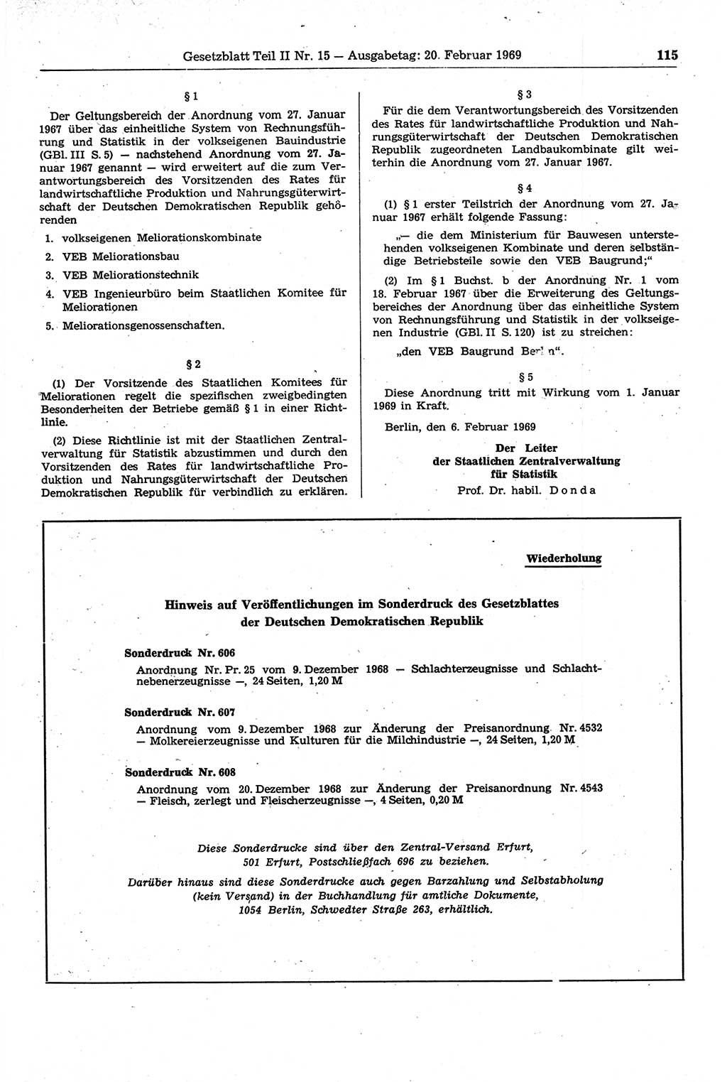 Gesetzblatt (GBl.) der Deutschen Demokratischen Republik (DDR) Teil ⅠⅠ 1969, Seite 115 (GBl. DDR ⅠⅠ 1969, S. 115)