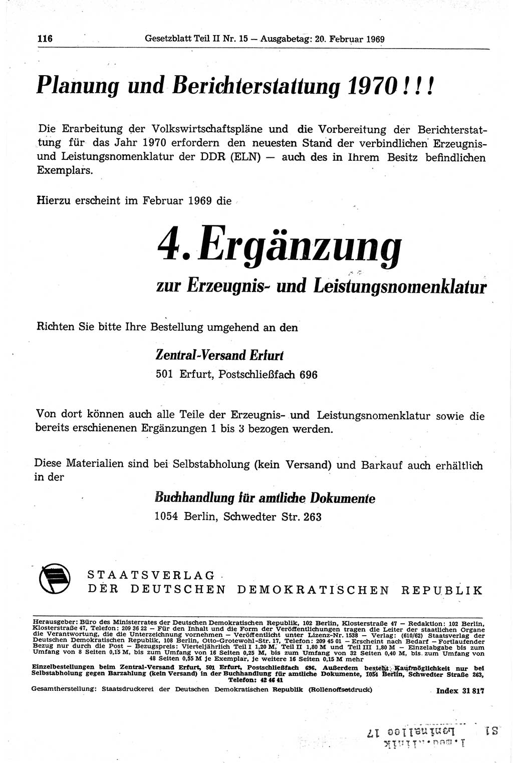 Gesetzblatt (GBl.) der Deutschen Demokratischen Republik (DDR) Teil ⅠⅠ 1969, Seite 116 (GBl. DDR ⅠⅠ 1969, S. 116)