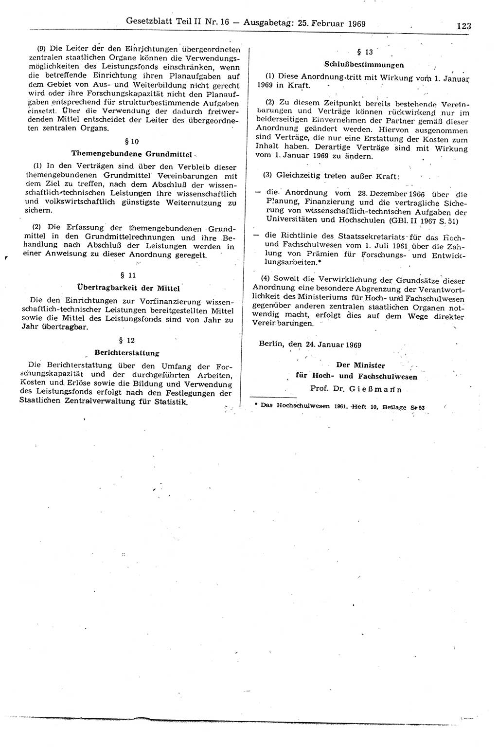 Gesetzblatt (GBl.) der Deutschen Demokratischen Republik (DDR) Teil ⅠⅠ 1969, Seite 123 (GBl. DDR ⅠⅠ 1969, S. 123)