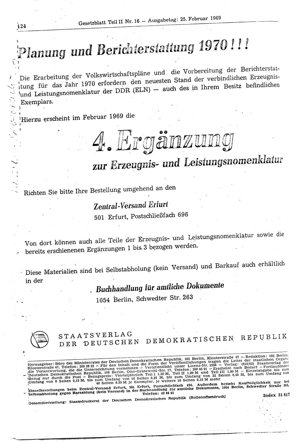 Gesetzblatt (GBl.) der Deutschen Demokratischen Republik (DDR) Teil ⅠⅠ 1969, Seite 124 (GBl. DDR ⅠⅠ 1969, S. 124)