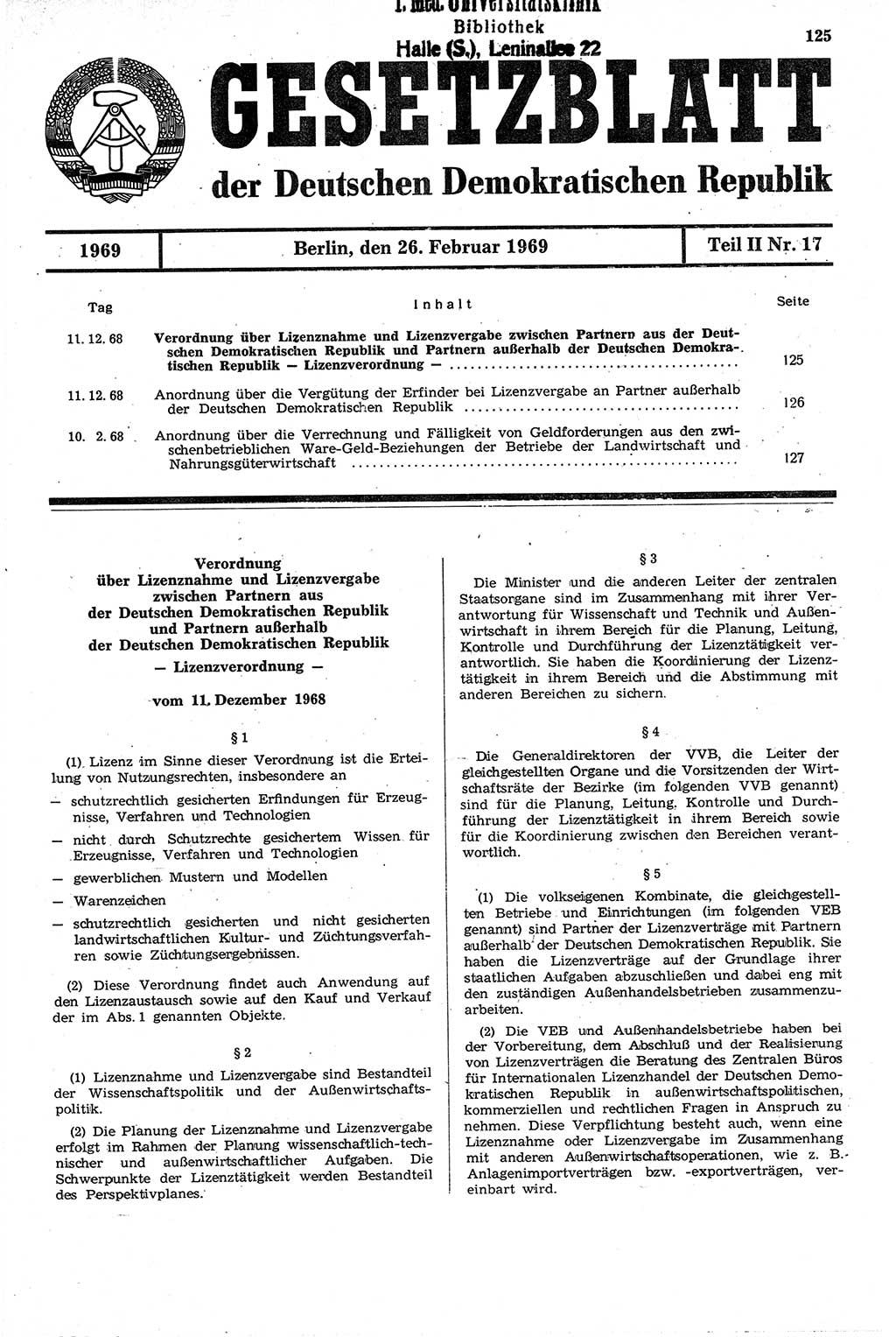 Gesetzblatt (GBl.) der Deutschen Demokratischen Republik (DDR) Teil ⅠⅠ 1969, Seite 125 (GBl. DDR ⅠⅠ 1969, S. 125)