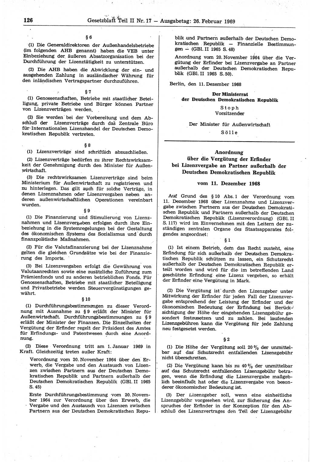 Gesetzblatt (GBl.) der Deutschen Demokratischen Republik (DDR) Teil ⅠⅠ 1969, Seite 126 (GBl. DDR ⅠⅠ 1969, S. 126)