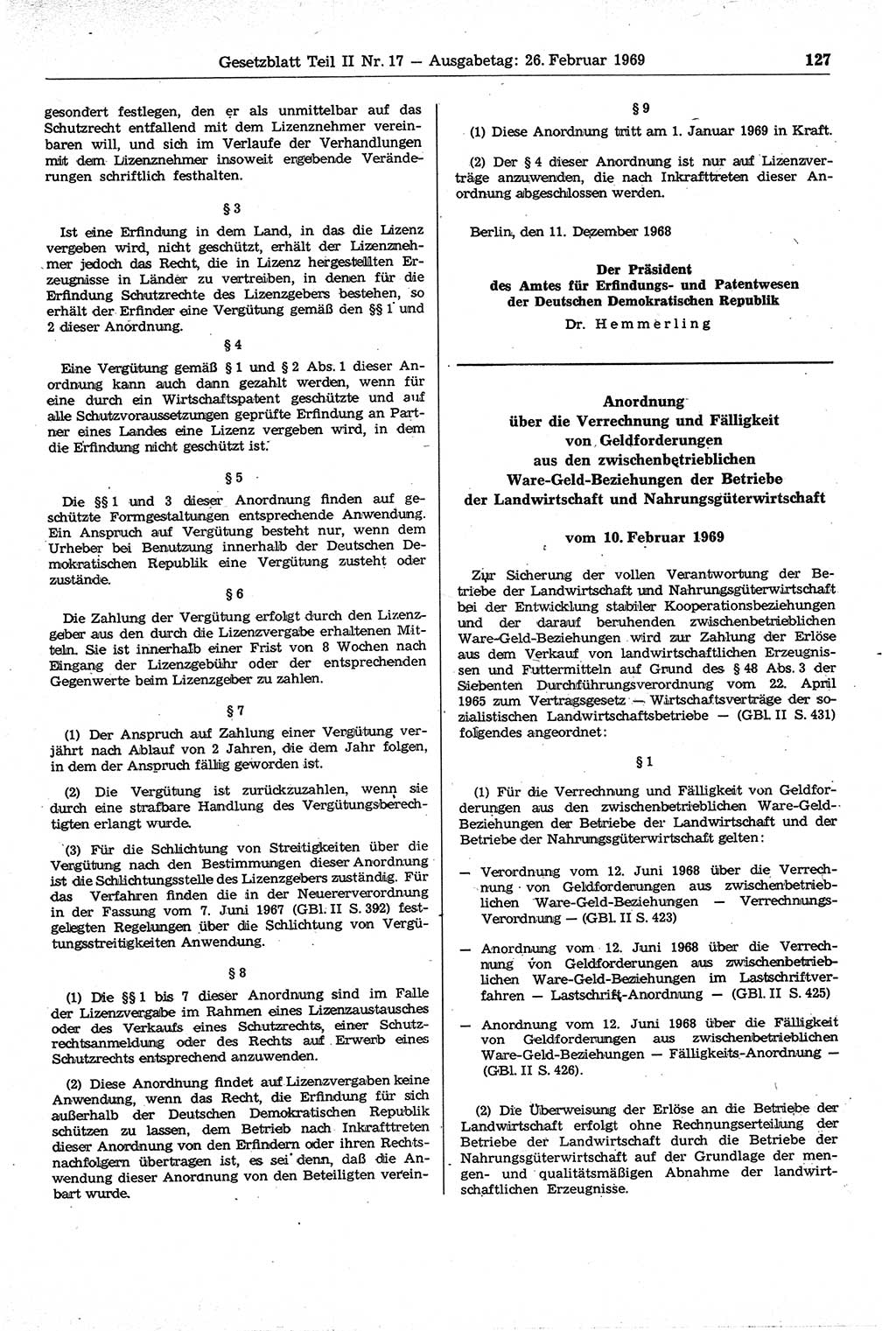 Gesetzblatt (GBl.) der Deutschen Demokratischen Republik (DDR) Teil ⅠⅠ 1969, Seite 127 (GBl. DDR ⅠⅠ 1969, S. 127)