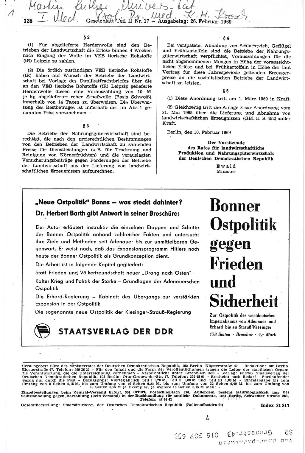 Gesetzblatt (GBl.) der Deutschen Demokratischen Republik (DDR) Teil ⅠⅠ 1969, Seite 128 (GBl. DDR ⅠⅠ 1969, S. 128)