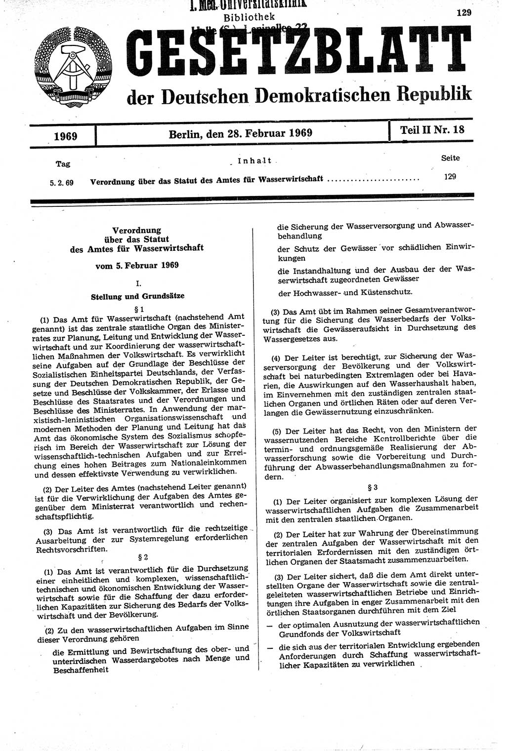 Gesetzblatt (GBl.) der Deutschen Demokratischen Republik (DDR) Teil ⅠⅠ 1969, Seite 129 (GBl. DDR ⅠⅠ 1969, S. 129)