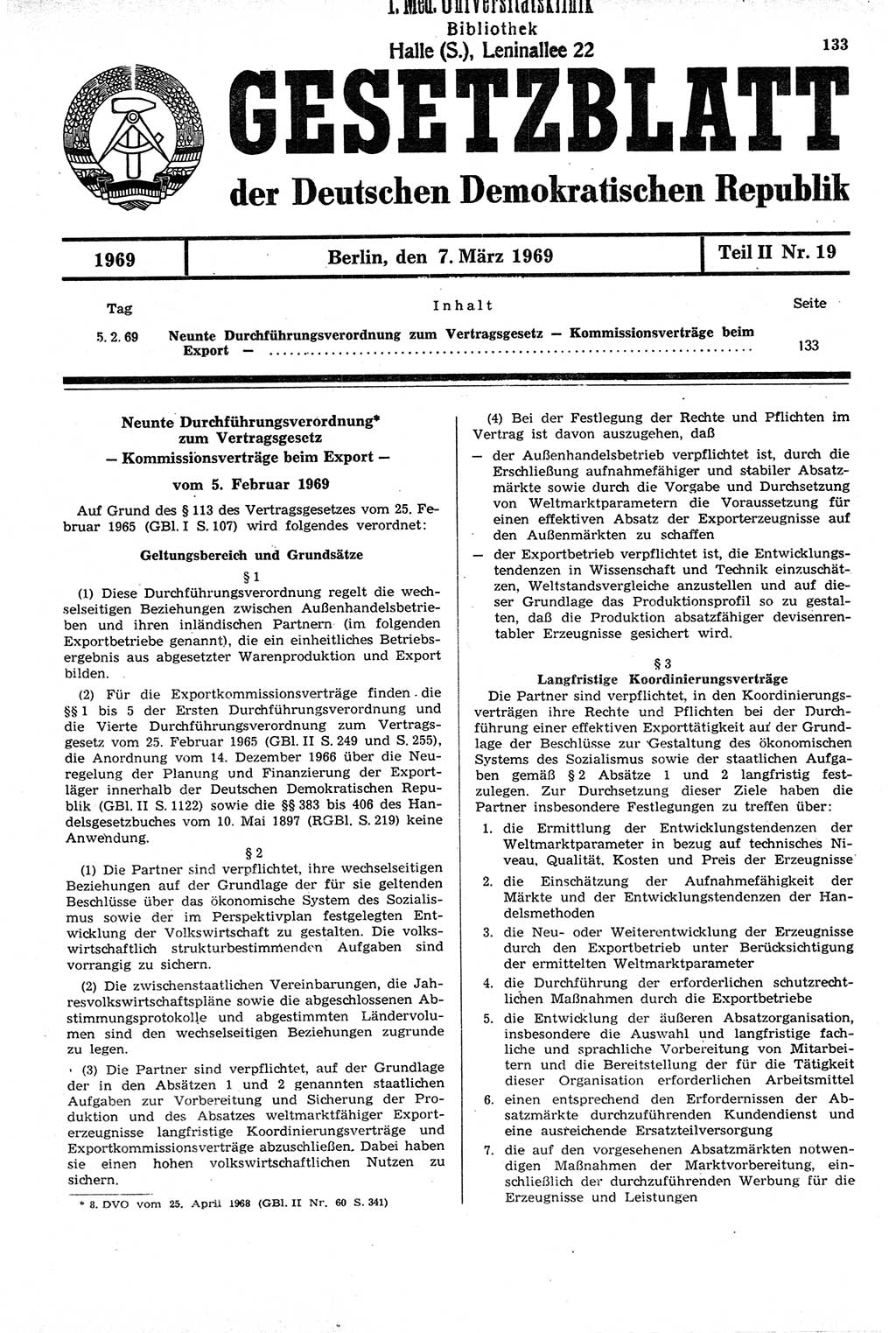 Gesetzblatt (GBl.) der Deutschen Demokratischen Republik (DDR) Teil ⅠⅠ 1969, Seite 133 (GBl. DDR ⅠⅠ 1969, S. 133)