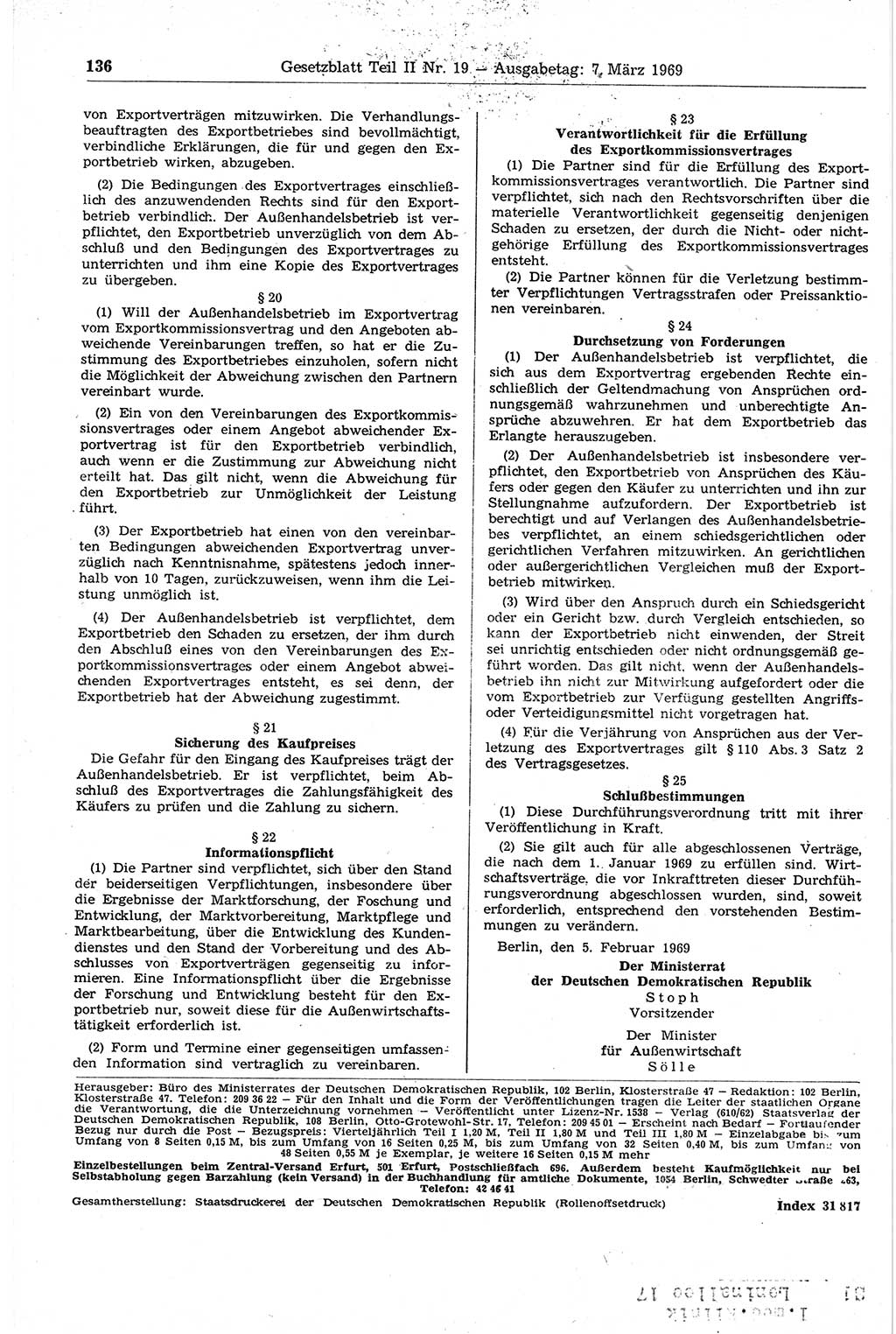 Gesetzblatt (GBl.) der Deutschen Demokratischen Republik (DDR) Teil ⅠⅠ 1969, Seite 136 (GBl. DDR ⅠⅠ 1969, S. 136)