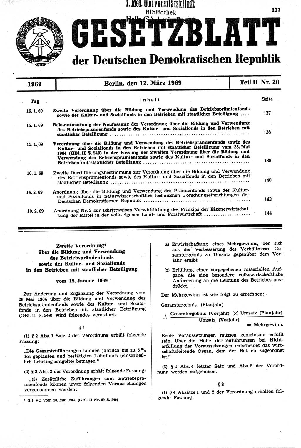 Gesetzblatt (GBl.) der Deutschen Demokratischen Republik (DDR) Teil ⅠⅠ 1969, Seite 137 (GBl. DDR ⅠⅠ 1969, S. 137)