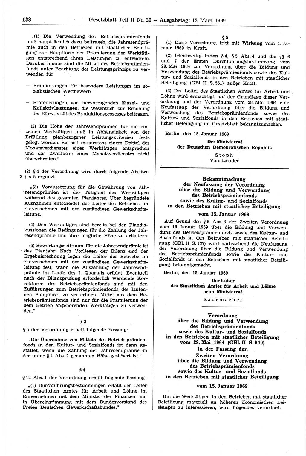 Gesetzblatt (GBl.) der Deutschen Demokratischen Republik (DDR) Teil ⅠⅠ 1969, Seite 138 (GBl. DDR ⅠⅠ 1969, S. 138)