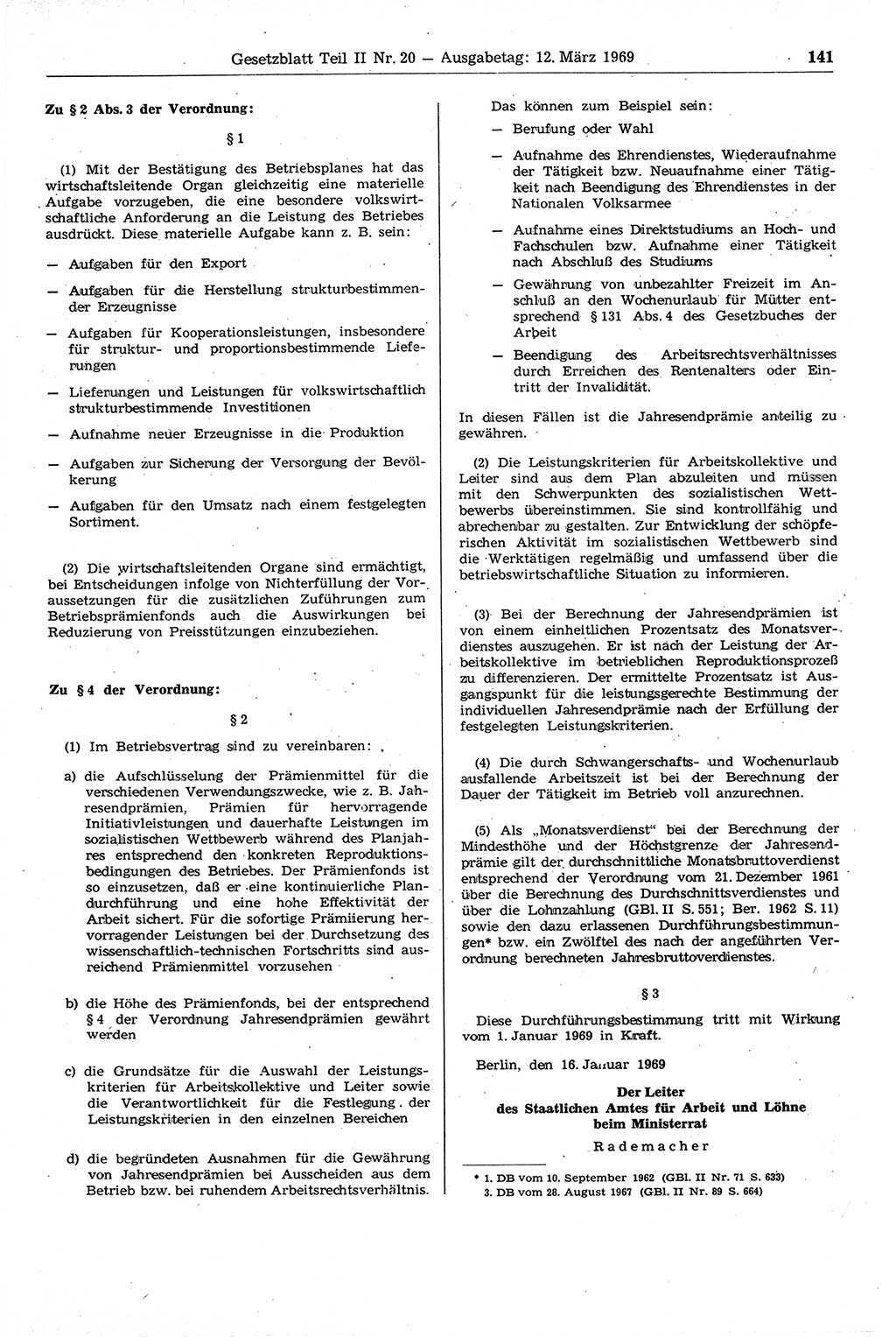 Gesetzblatt (GBl.) der Deutschen Demokratischen Republik (DDR) Teil ⅠⅠ 1969, Seite 141 (GBl. DDR ⅠⅠ 1969, S. 141)