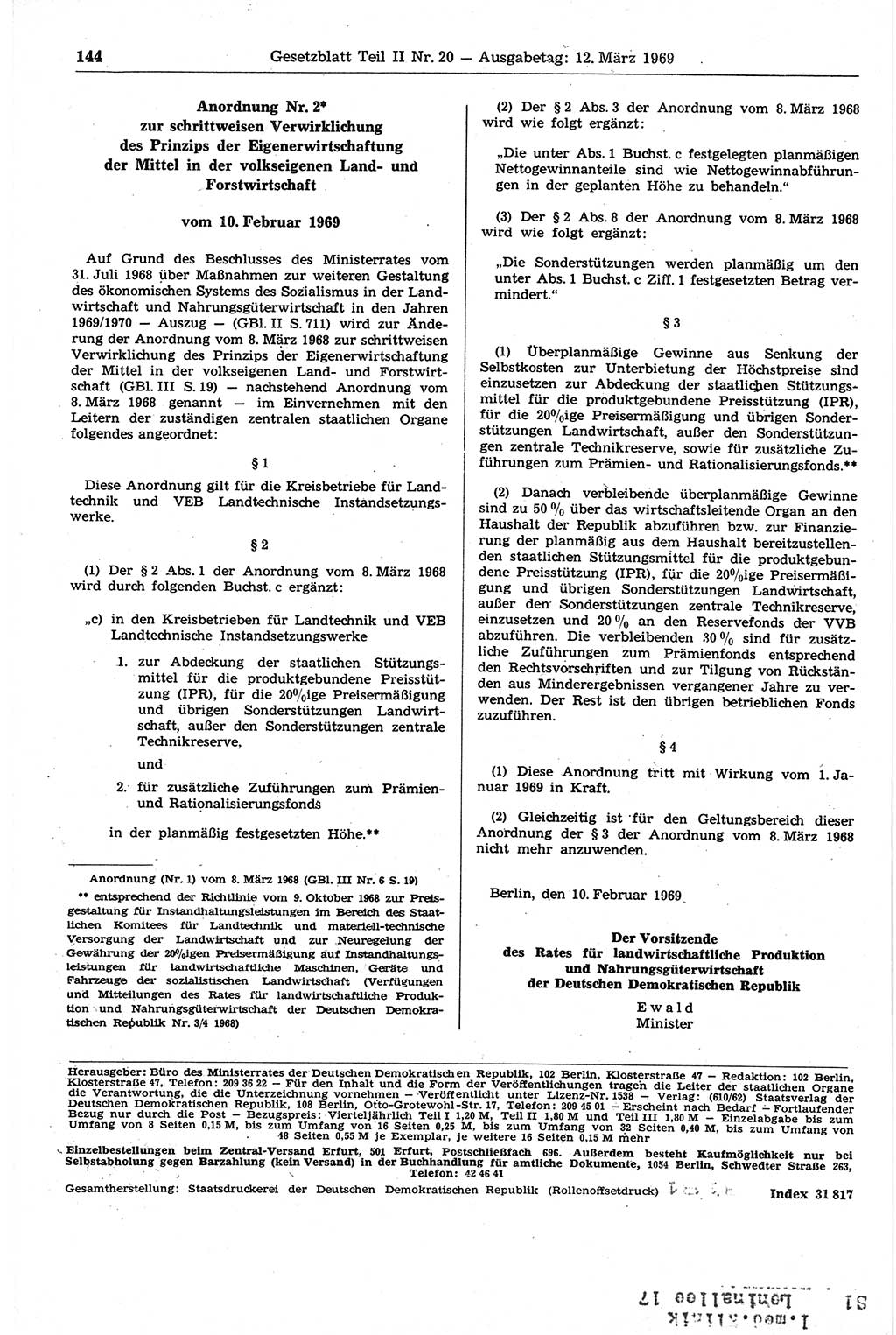 Gesetzblatt (GBl.) der Deutschen Demokratischen Republik (DDR) Teil ⅠⅠ 1969, Seite 144 (GBl. DDR ⅠⅠ 1969, S. 144)