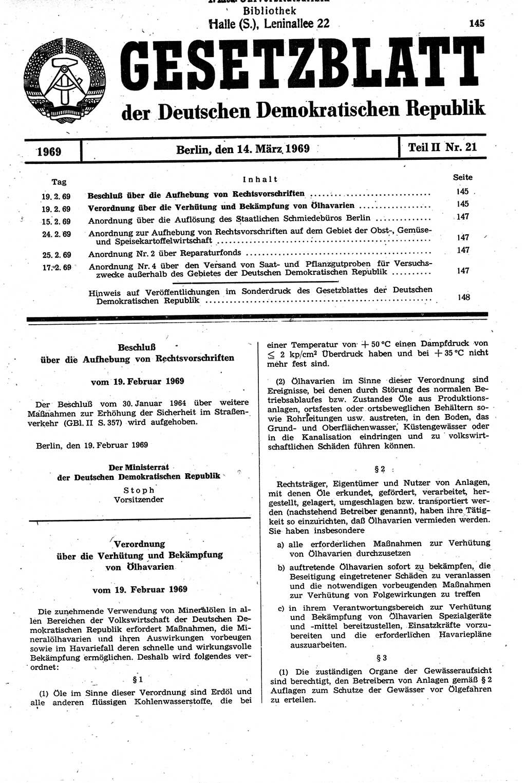 Gesetzblatt (GBl.) der Deutschen Demokratischen Republik (DDR) Teil ⅠⅠ 1969, Seite 145 (GBl. DDR ⅠⅠ 1969, S. 145)