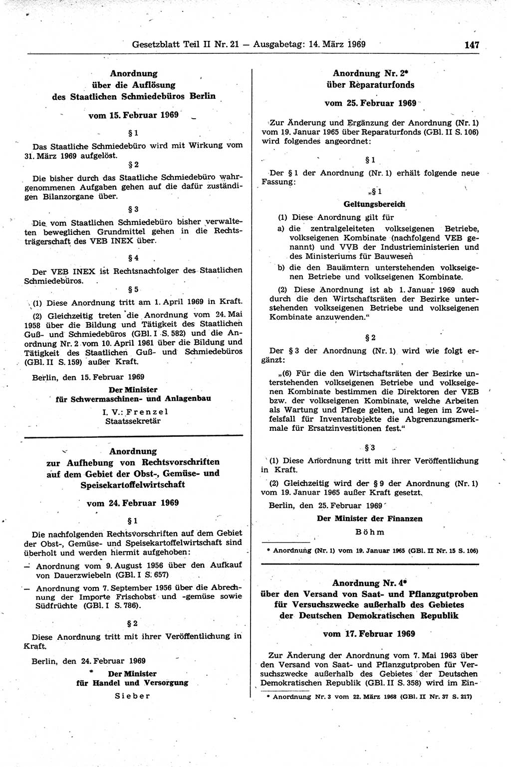 Gesetzblatt (GBl.) der Deutschen Demokratischen Republik (DDR) Teil ⅠⅠ 1969, Seite 147 (GBl. DDR ⅠⅠ 1969, S. 147)