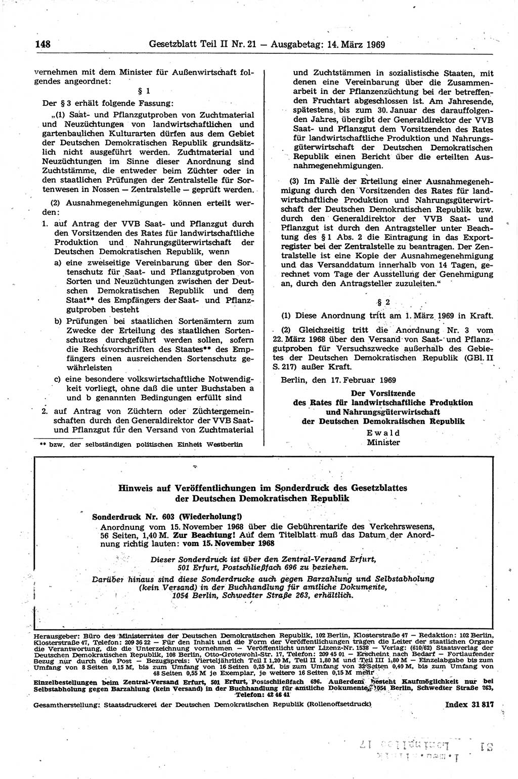 Gesetzblatt (GBl.) der Deutschen Demokratischen Republik (DDR) Teil ⅠⅠ 1969, Seite 148 (GBl. DDR ⅠⅠ 1969, S. 148)