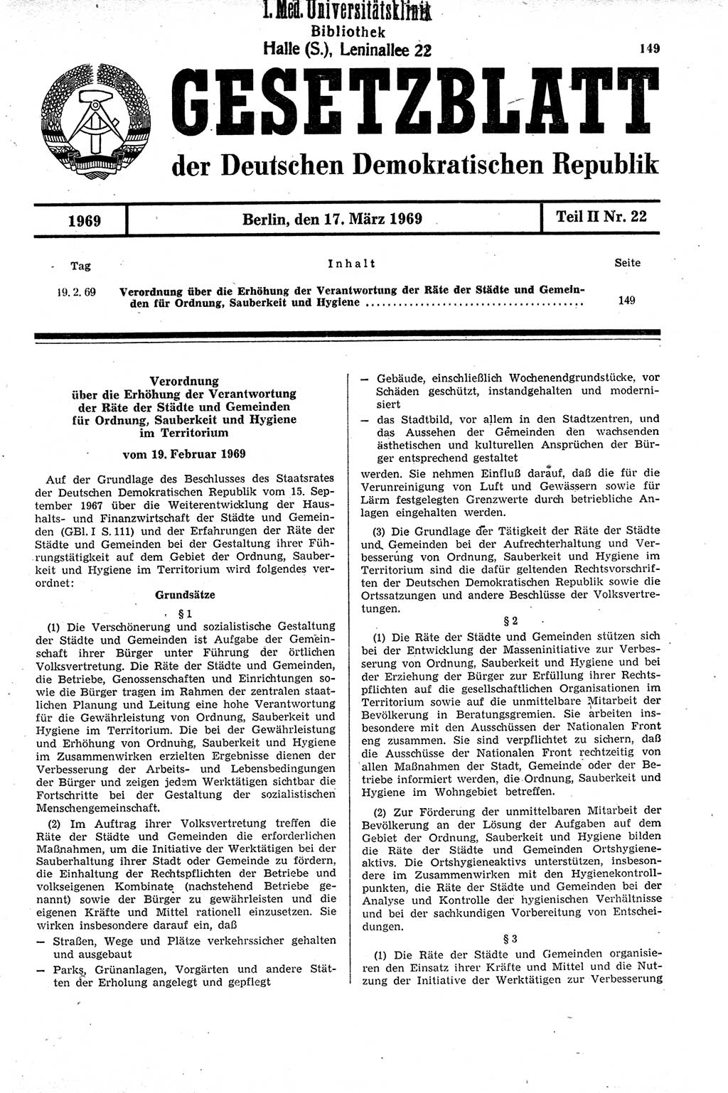 Gesetzblatt (GBl.) der Deutschen Demokratischen Republik (DDR) Teil ⅠⅠ 1969, Seite 149 (GBl. DDR ⅠⅠ 1969, S. 149)