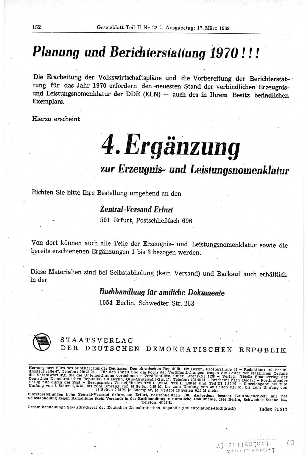 Gesetzblatt (GBl.) der Deutschen Demokratischen Republik (DDR) Teil ⅠⅠ 1969, Seite 152 (GBl. DDR ⅠⅠ 1969, S. 152)