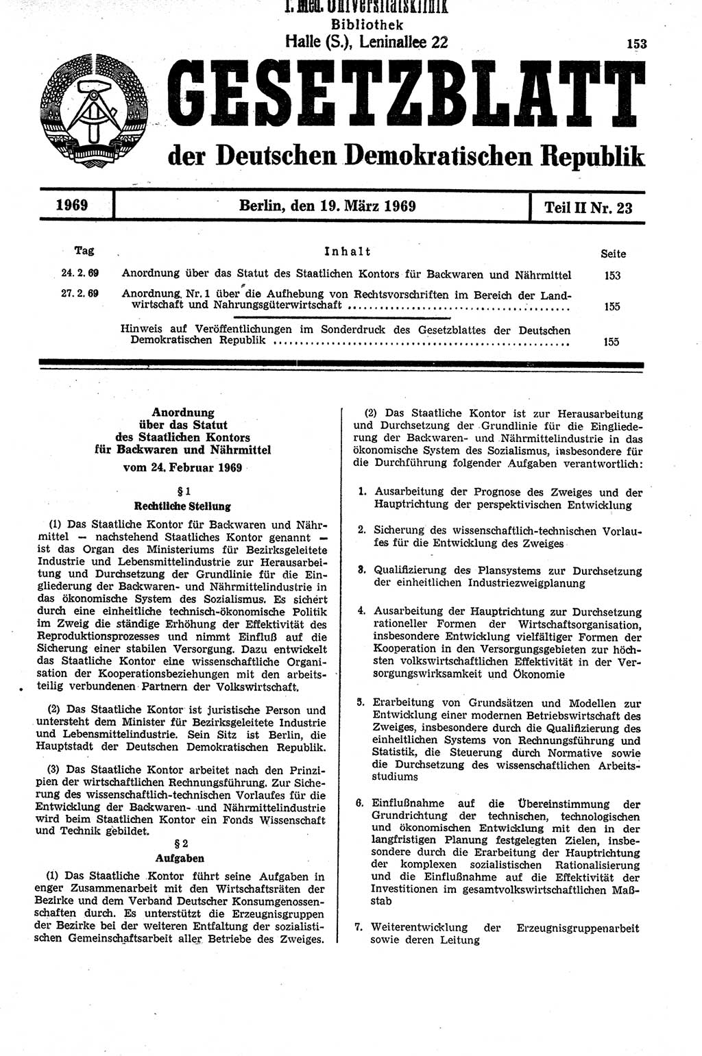 Gesetzblatt (GBl.) der Deutschen Demokratischen Republik (DDR) Teil ⅠⅠ 1969, Seite 153 (GBl. DDR ⅠⅠ 1969, S. 153)