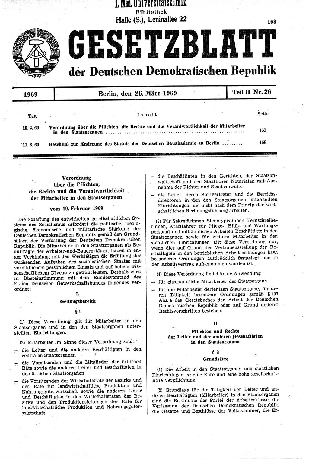 Gesetzblatt (GBl.) der Deutschen Demokratischen Republik (DDR) Teil ⅠⅠ 1969, Seite 163 (GBl. DDR ⅠⅠ 1969, S. 163)