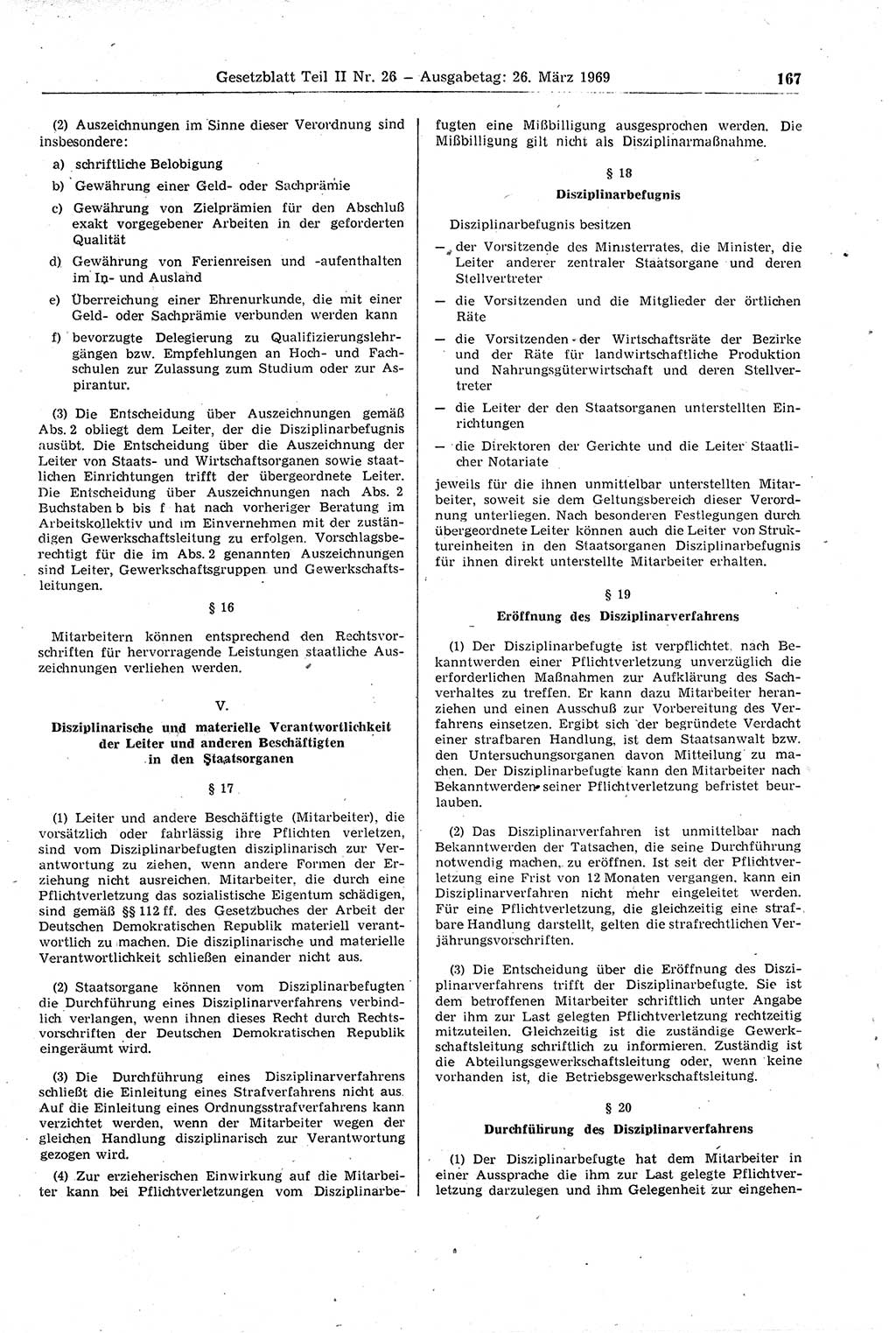 Gesetzblatt (GBl.) der Deutschen Demokratischen Republik (DDR) Teil ⅠⅠ 1969, Seite 167 (GBl. DDR ⅠⅠ 1969, S. 167)