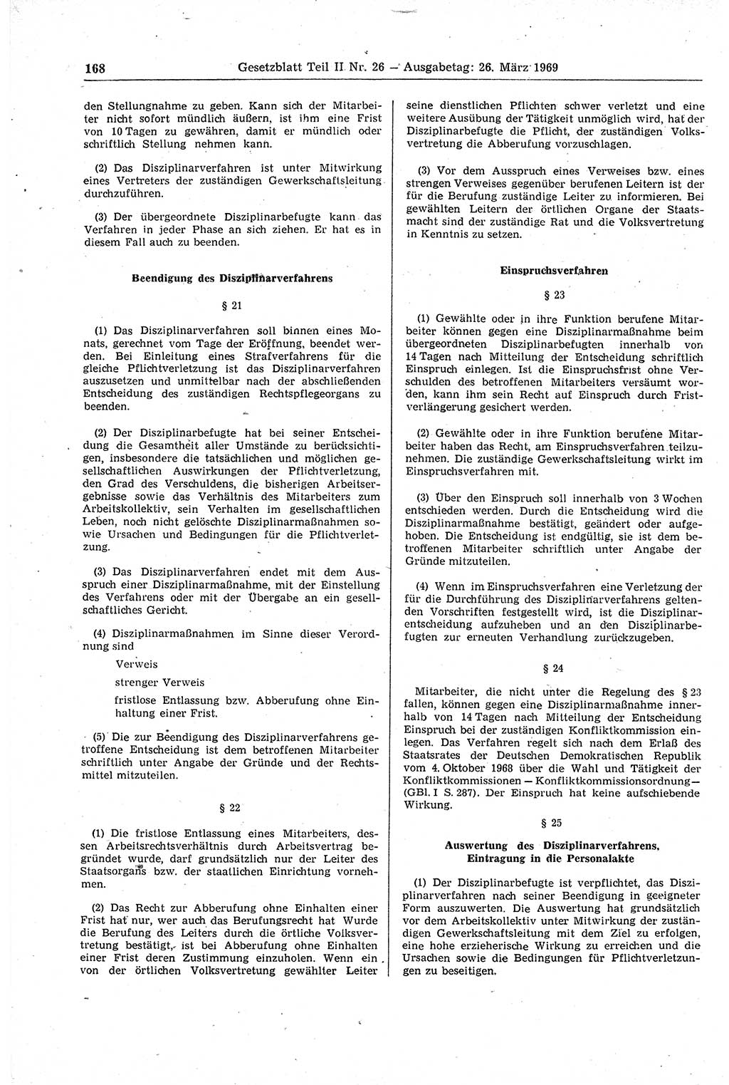 Gesetzblatt (GBl.) der Deutschen Demokratischen Republik (DDR) Teil ⅠⅠ 1969, Seite 168 (GBl. DDR ⅠⅠ 1969, S. 168)