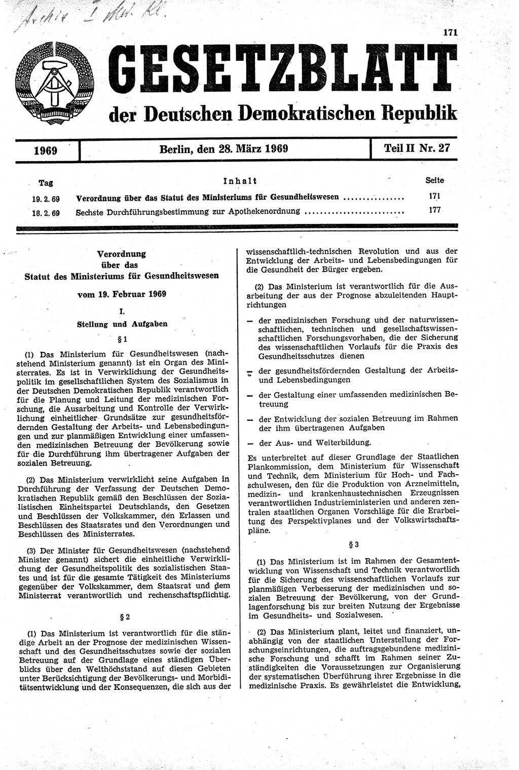 Gesetzblatt (GBl.) der Deutschen Demokratischen Republik (DDR) Teil ⅠⅠ 1969, Seite 171 (GBl. DDR ⅠⅠ 1969, S. 171)