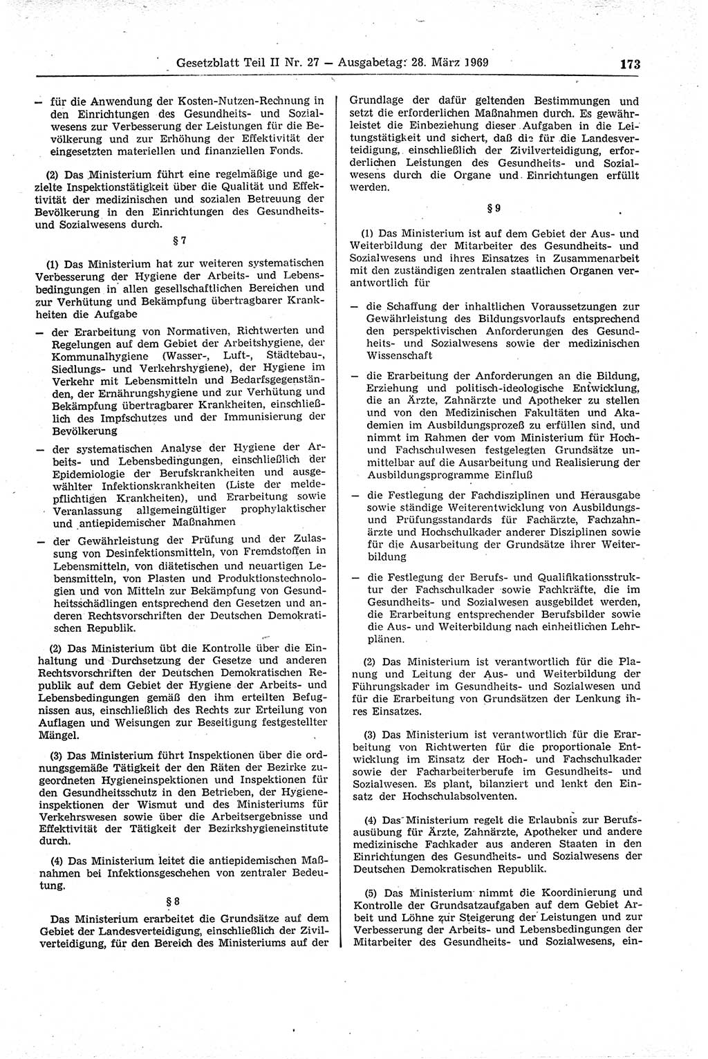 Gesetzblatt (GBl.) der Deutschen Demokratischen Republik (DDR) Teil ⅠⅠ 1969, Seite 173 (GBl. DDR ⅠⅠ 1969, S. 173)