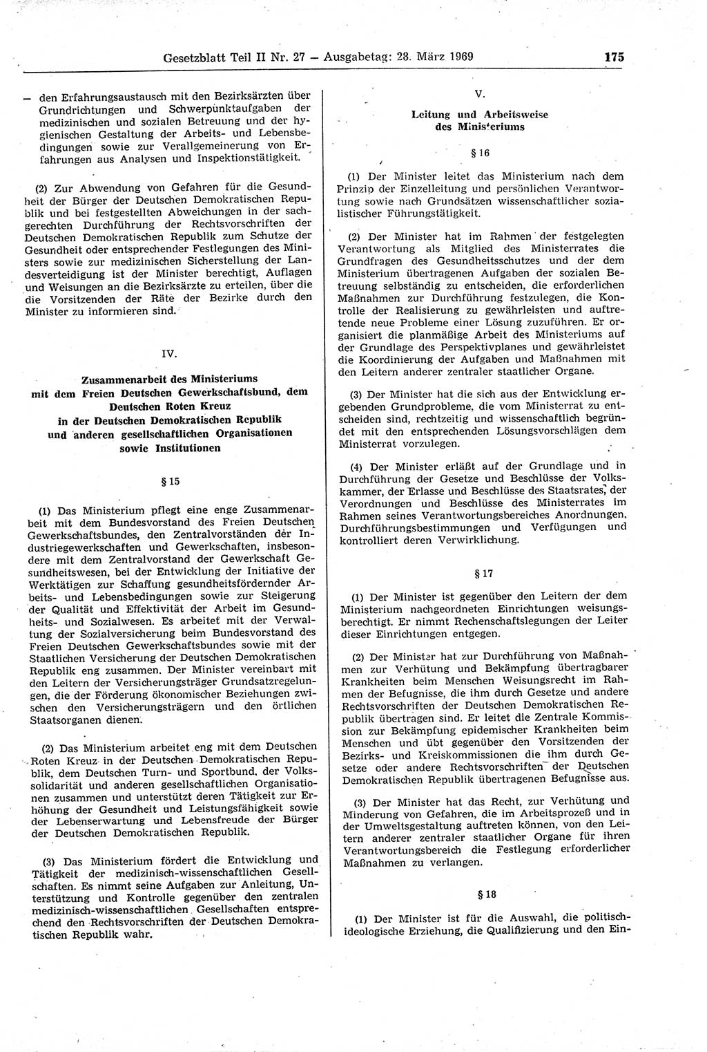 Gesetzblatt (GBl.) der Deutschen Demokratischen Republik (DDR) Teil ⅠⅠ 1969, Seite 175 (GBl. DDR ⅠⅠ 1969, S. 175)