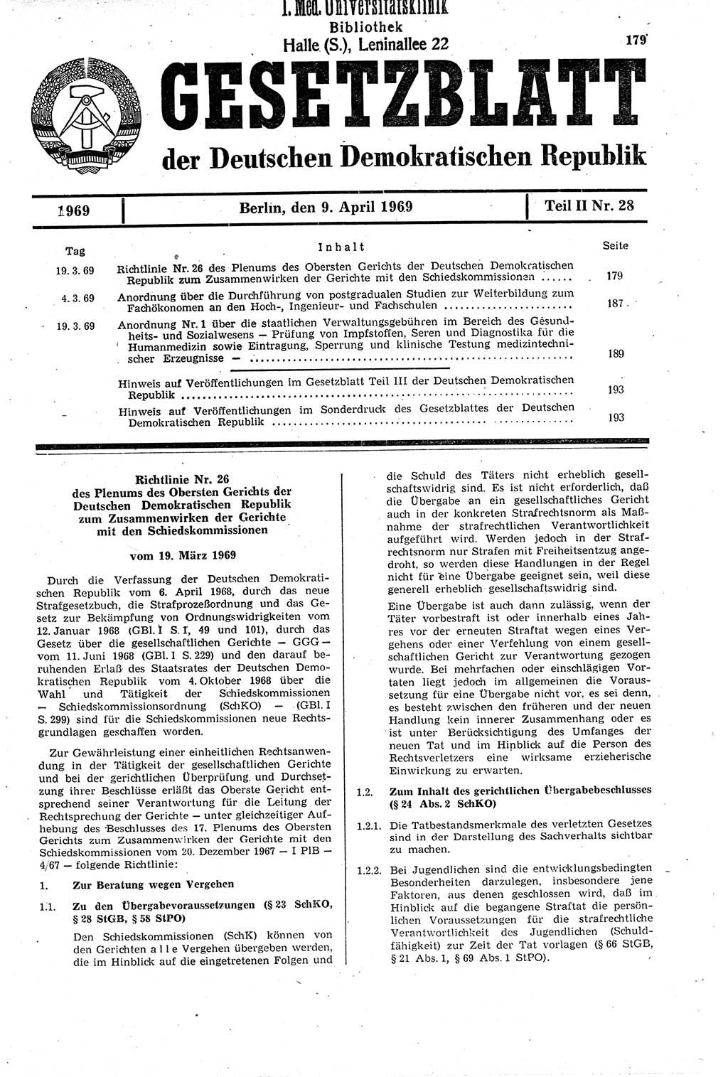 Gesetzblatt (GBl.) der Deutschen Demokratischen Republik (DDR) Teil ⅠⅠ 1969, Seite 179 (GBl. DDR ⅠⅠ 1969, S. 179)