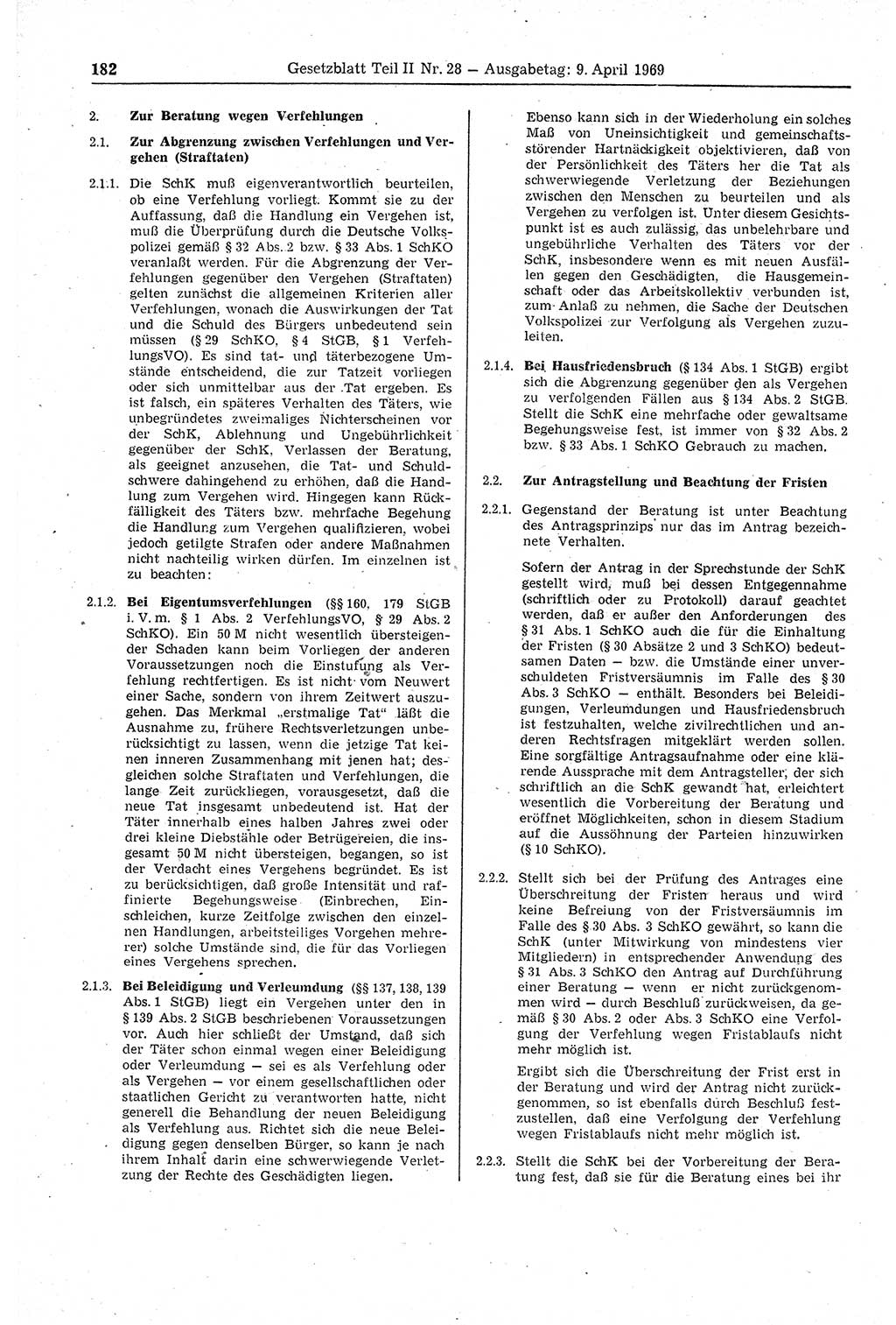 Gesetzblatt (GBl.) der Deutschen Demokratischen Republik (DDR) Teil ⅠⅠ 1969, Seite 182 (GBl. DDR ⅠⅠ 1969, S. 182)