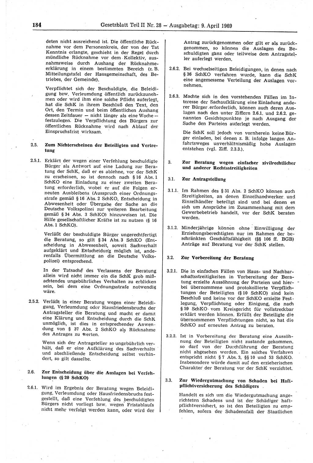 Gesetzblatt (GBl.) der Deutschen Demokratischen Republik (DDR) Teil ⅠⅠ 1969, Seite 184 (GBl. DDR ⅠⅠ 1969, S. 184)