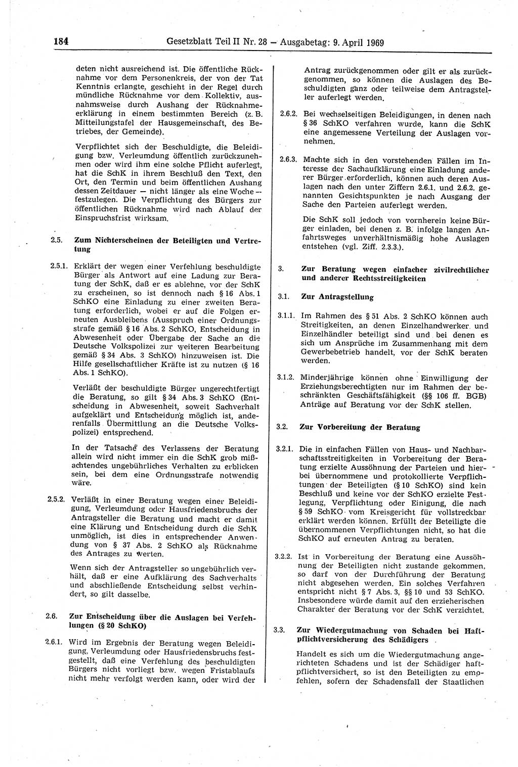 Gesetzblatt (GBl.) der Deutschen Demokratischen Republik (DDR) Teil ⅠⅠ 1969, Seite 184 (GBl. DDR ⅠⅠ 1969, S. 184)