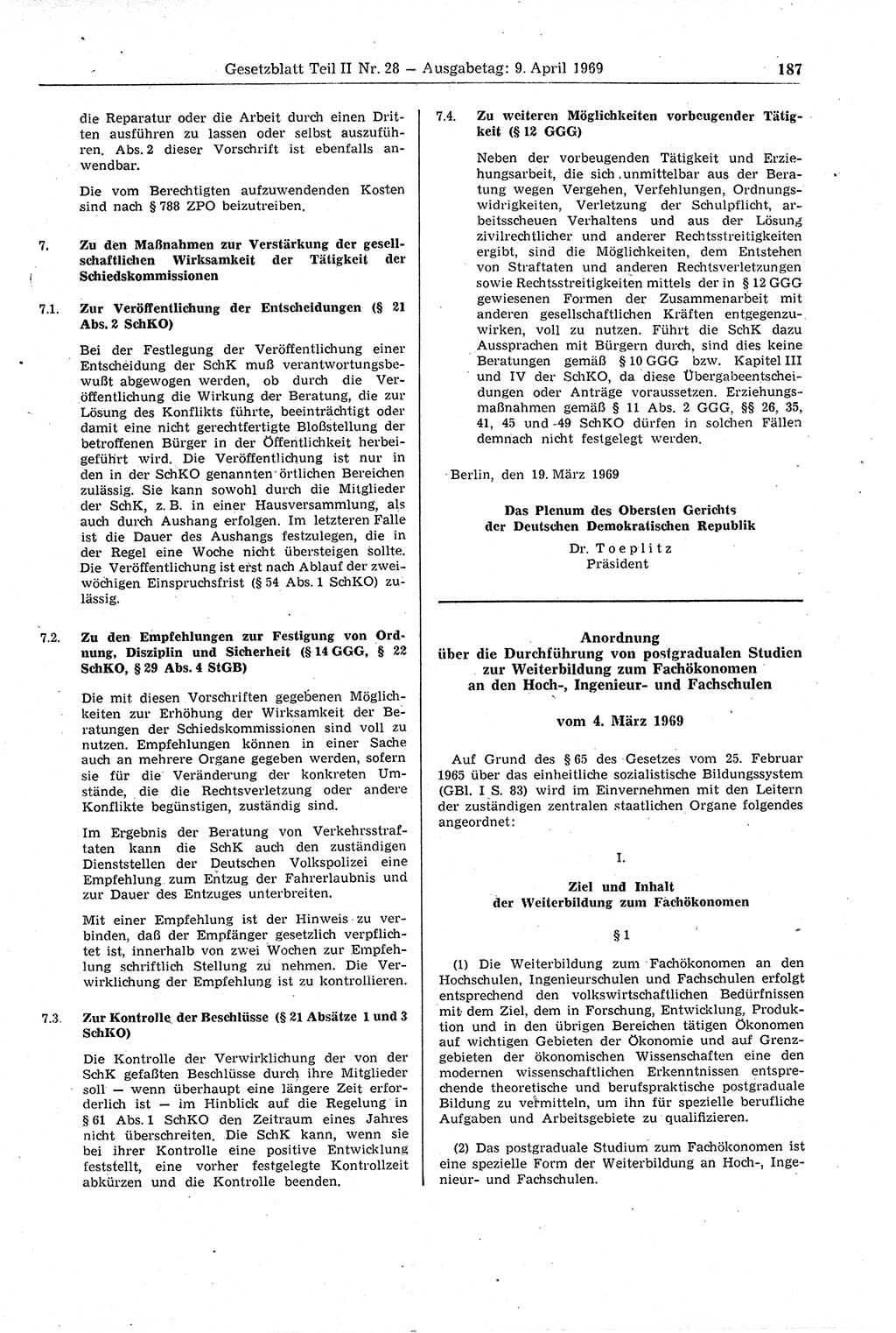 Gesetzblatt (GBl.) der Deutschen Demokratischen Republik (DDR) Teil ⅠⅠ 1969, Seite 187 (GBl. DDR ⅠⅠ 1969, S. 187)