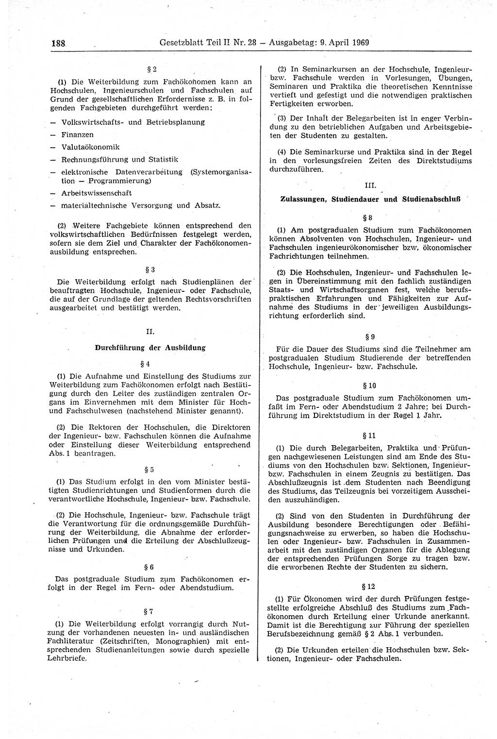 Gesetzblatt (GBl.) der Deutschen Demokratischen Republik (DDR) Teil ⅠⅠ 1969, Seite 188 (GBl. DDR ⅠⅠ 1969, S. 188)