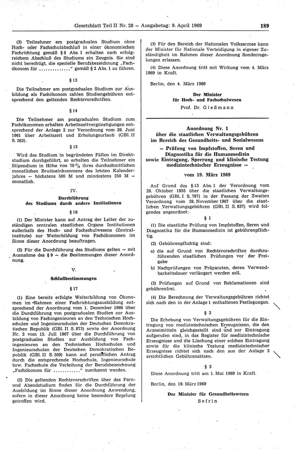 Gesetzblatt (GBl.) der Deutschen Demokratischen Republik (DDR) Teil ⅠⅠ 1969, Seite 189 (GBl. DDR ⅠⅠ 1969, S. 189)