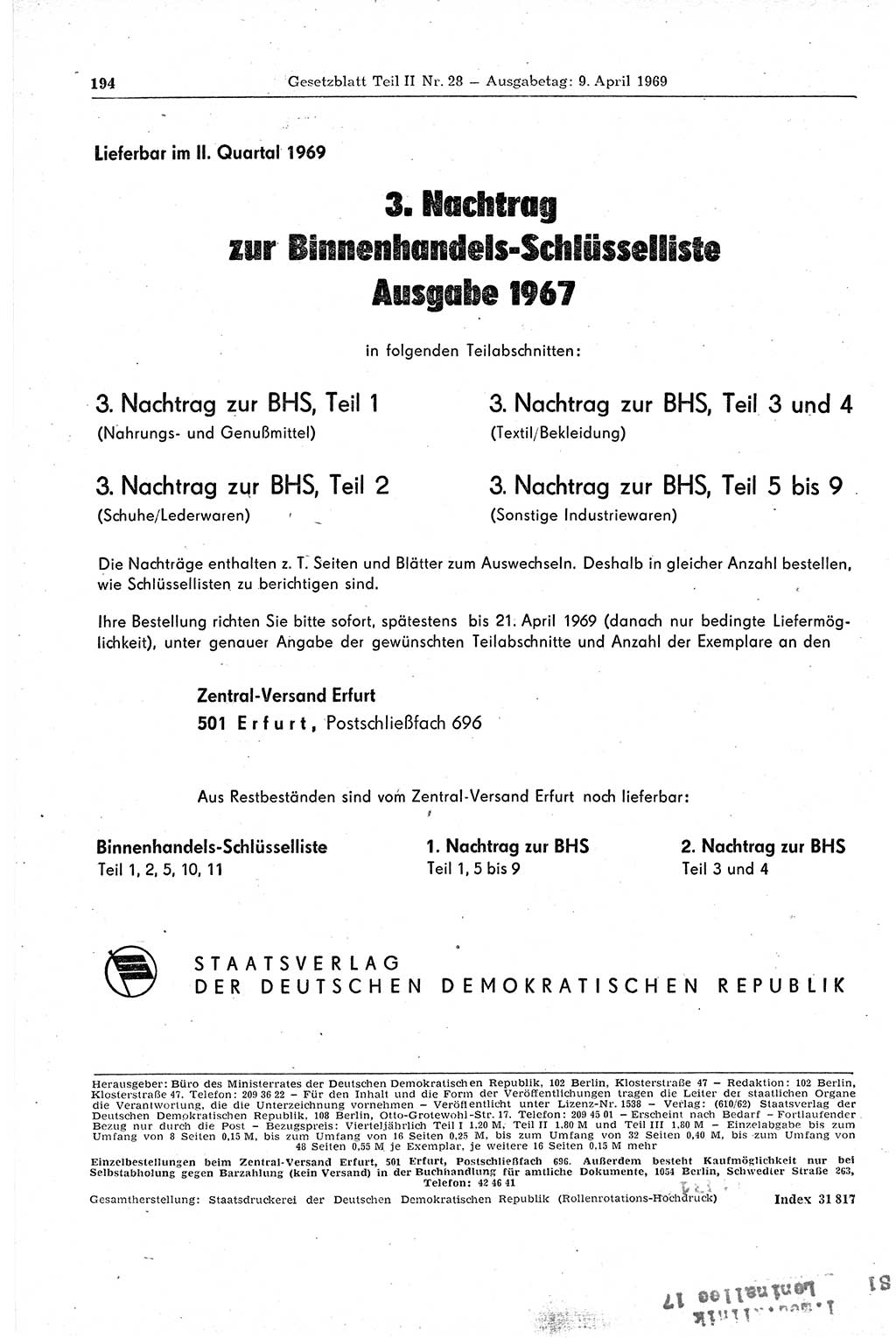 Gesetzblatt (GBl.) der Deutschen Demokratischen Republik (DDR) Teil ⅠⅠ 1969, Seite 194 (GBl. DDR ⅠⅠ 1969, S. 194)