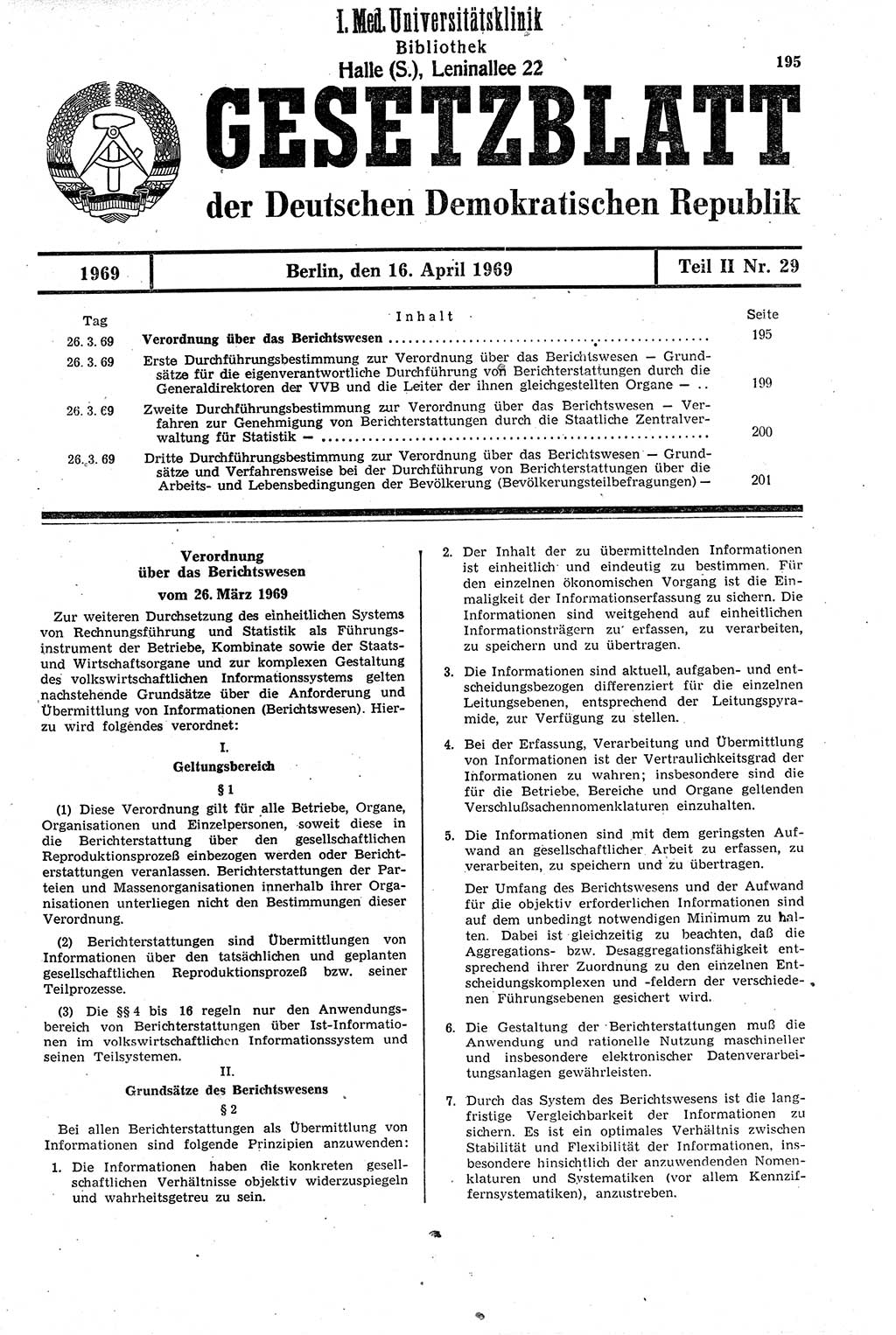 Gesetzblatt (GBl.) der Deutschen Demokratischen Republik (DDR) Teil ⅠⅠ 1969, Seite 195 (GBl. DDR ⅠⅠ 1969, S. 195)