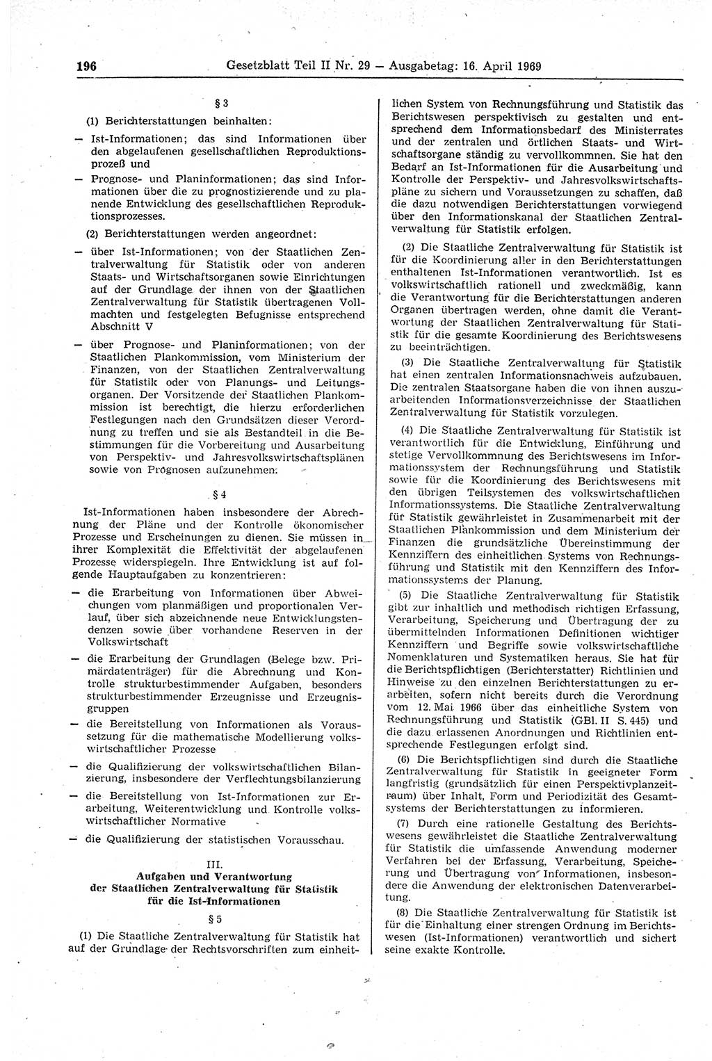 Gesetzblatt (GBl.) der Deutschen Demokratischen Republik (DDR) Teil ⅠⅠ 1969, Seite 196 (GBl. DDR ⅠⅠ 1969, S. 196)