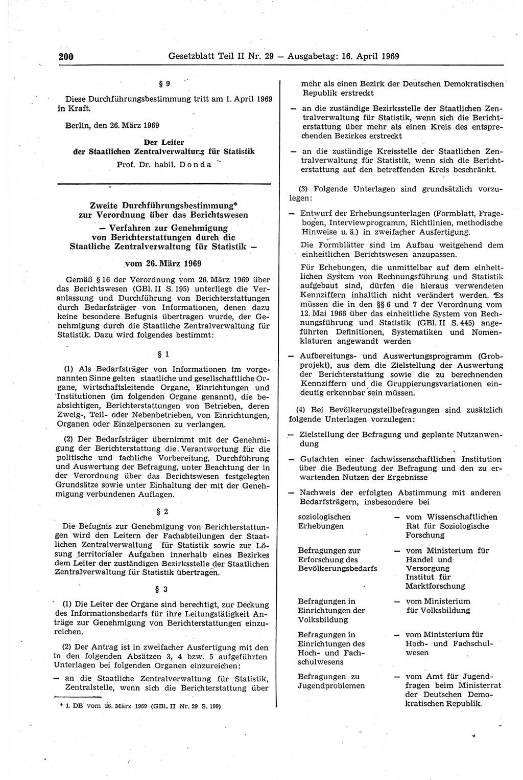 Gesetzblatt (GBl.) der Deutschen Demokratischen Republik (DDR) Teil ⅠⅠ 1969, Seite 200 (GBl. DDR ⅠⅠ 1969, S. 200)
