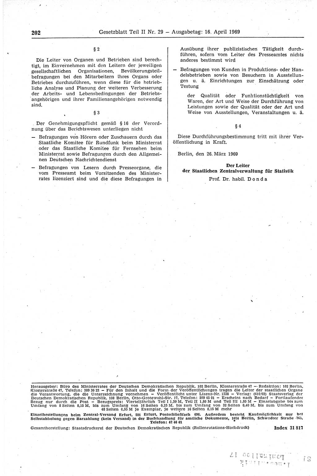 Gesetzblatt (GBl.) der Deutschen Demokratischen Republik (DDR) Teil ⅠⅠ 1969, Seite 202 (GBl. DDR ⅠⅠ 1969, S. 202)