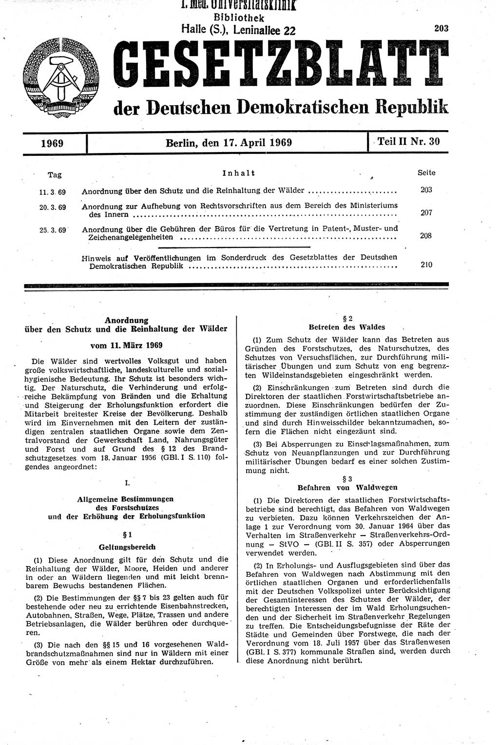 Gesetzblatt (GBl.) der Deutschen Demokratischen Republik (DDR) Teil ⅠⅠ 1969, Seite 203 (GBl. DDR ⅠⅠ 1969, S. 203)