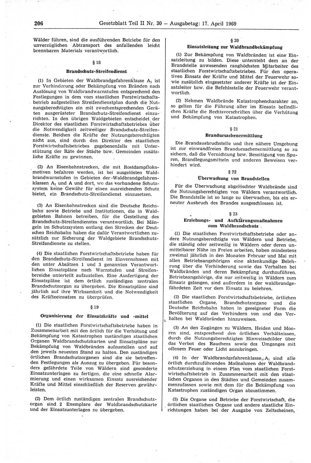 Gesetzblatt (GBl.) der Deutschen Demokratischen Republik (DDR) Teil ⅠⅠ 1969, Seite 206 (GBl. DDR ⅠⅠ 1969, S. 206)