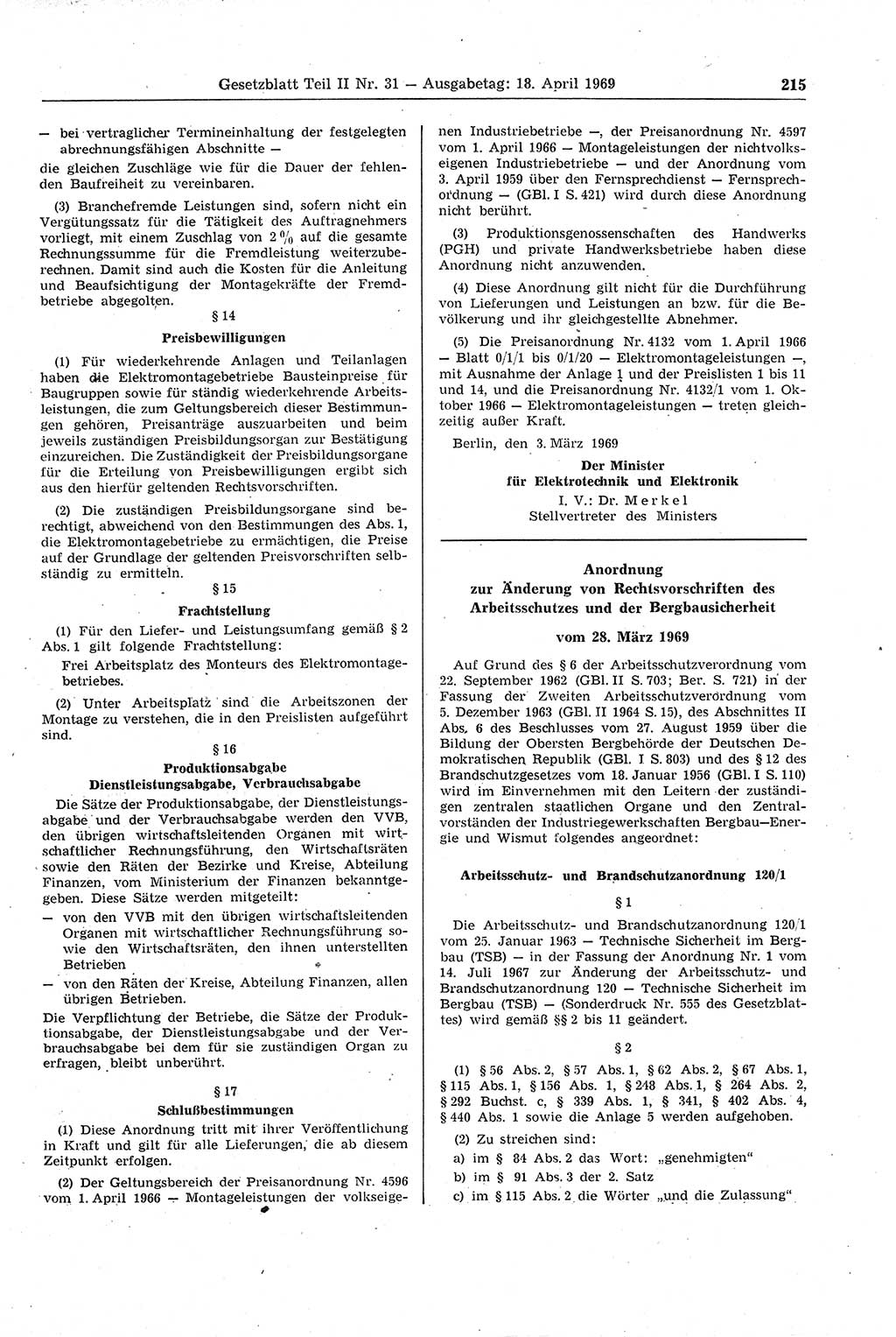 Gesetzblatt (GBl.) der Deutschen Demokratischen Republik (DDR) Teil ⅠⅠ 1969, Seite 215 (GBl. DDR ⅠⅠ 1969, S. 215)