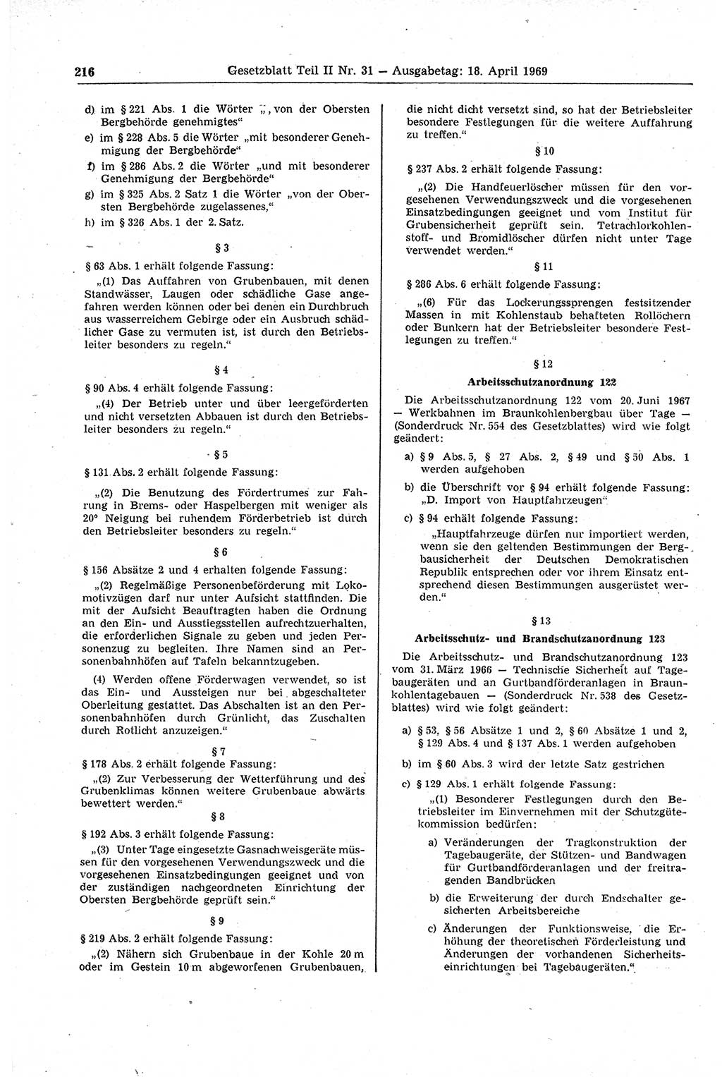 Gesetzblatt (GBl.) der Deutschen Demokratischen Republik (DDR) Teil ⅠⅠ 1969, Seite 216 (GBl. DDR ⅠⅠ 1969, S. 216)
